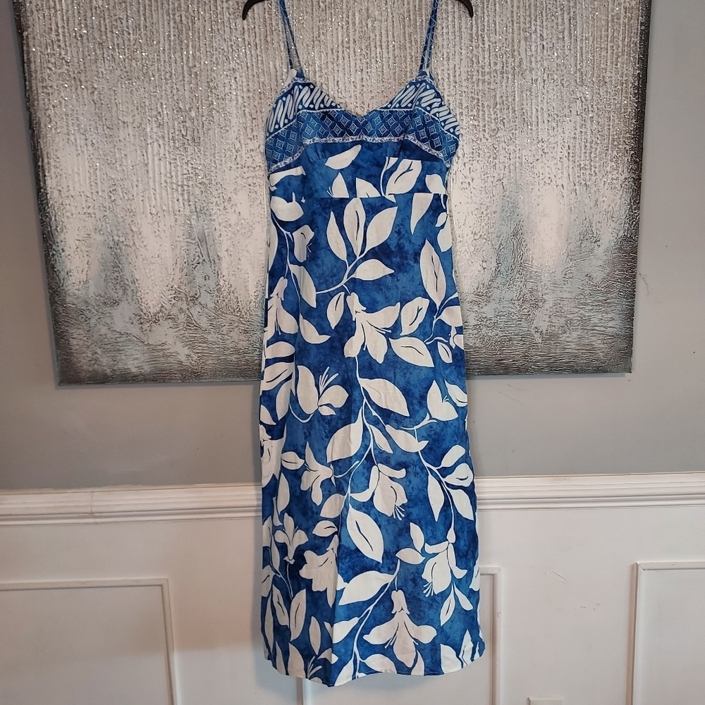 Gorgeous Summer Style ZARA Linen Midi Dress in Blue Hawaii Style Print - Picture 6 of 9